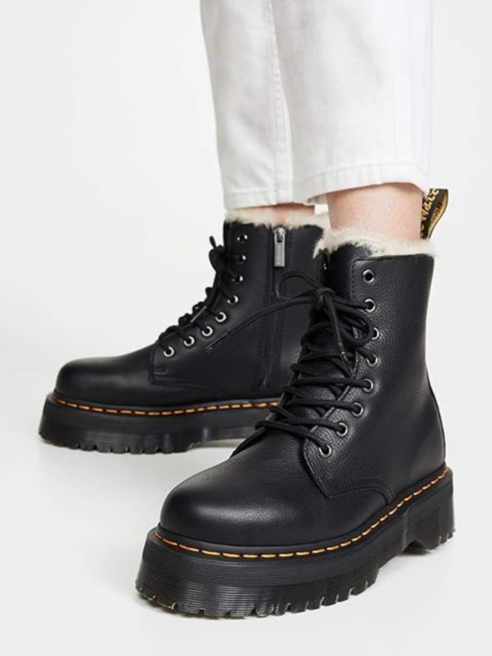 Dr. Martens Jadon Black Leather Platform Boot with Faux-Fur Collar